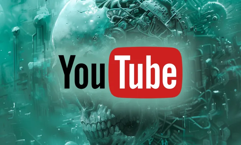 YouTube logo superimposed on a futuristic, biomechanical skull.