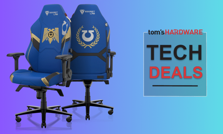 Two blue Secretlab gaming chairs with gold accents and Imperial symbols.