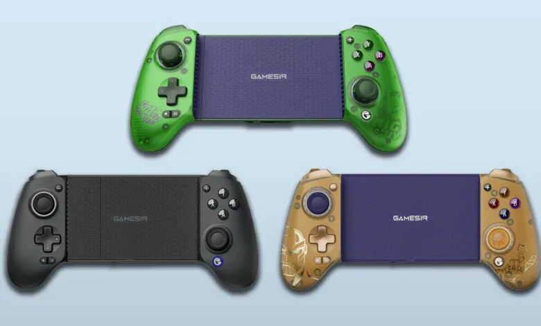 Three GameSir mobile gaming controllers in different colors and designs.