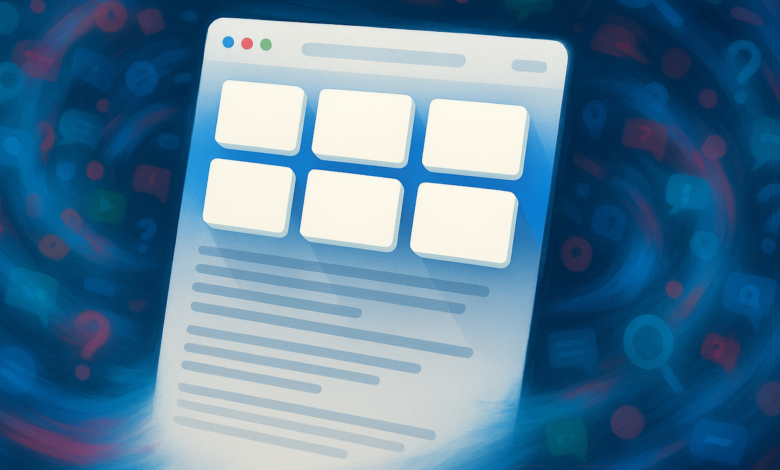 Abstract illustration of a browser window with content blocks against a background of swirling icons and question marks.