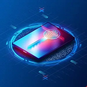 Digital key with fingerprint on a glowing screen, surrounded by tech elements.