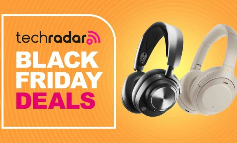 TechRadar Black Friday deals ad featuring black and white Sony headphones.