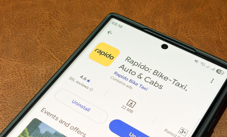 Smartphone screen displaying the Rapido app page with options to uninstall or update.