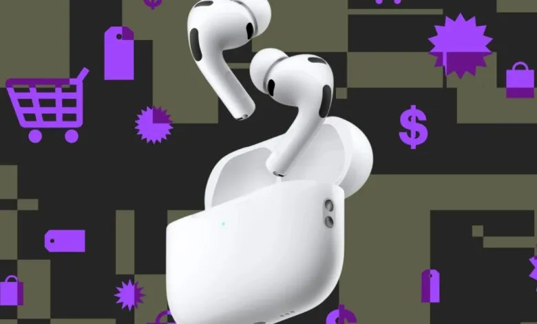 White Apple AirPods Pro earbuds with charging case, surrounded by shopping icons.