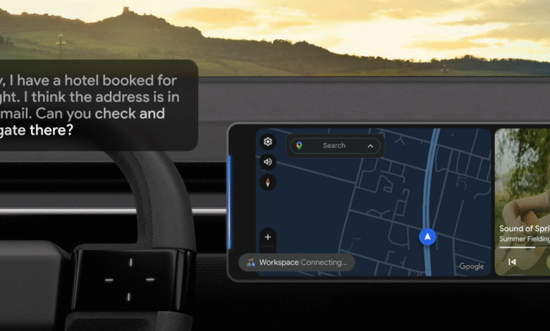 Car dashboard showing Google Maps navigation and music player with voice command prompt.