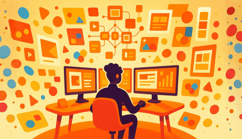 Person working at a desk with multiple monitors displaying data and graphics.