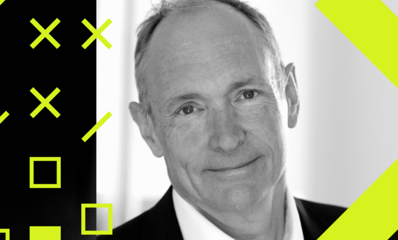 Black and white portrait of Sir Tim Berners-Lee, inventor of the World Wide Web.