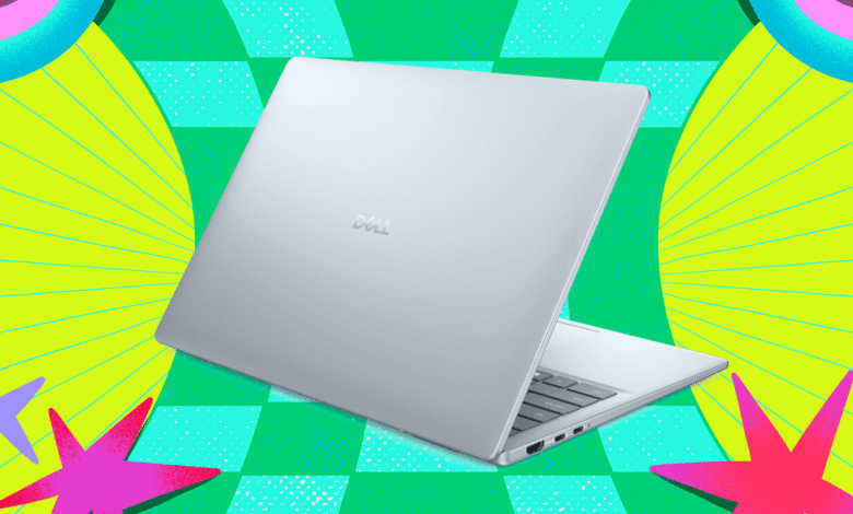 Silver Dell laptop on a vibrant, colorful background with starbursts and geometric shapes.