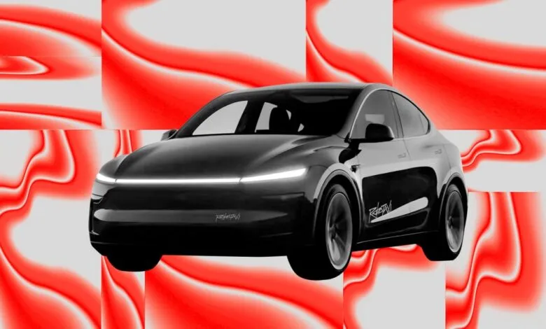 Sleek black robotaxi with a white light bar across the front, set against a red and white abstract background.