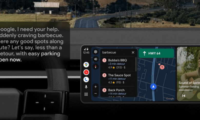 Car dashboard showing Google Assistant searching for BBQ restaurants with navigation and music playing.
