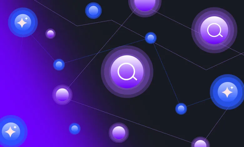 Abstract network of glowing nodes with search icons and sparkles on a gradient background.