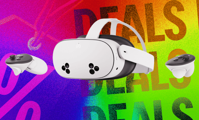 Meta Quest 3 VR headset and controllers with a colorful 'Deals' background.
