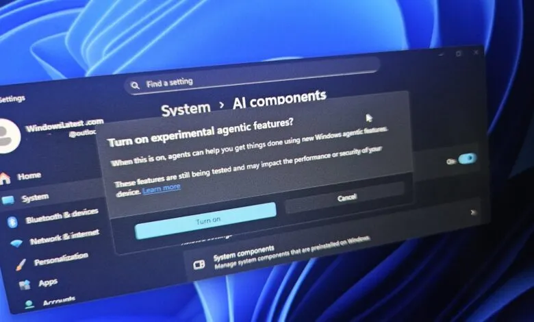 Windows 11 settings screen showing AI components with an option to turn on experimental agentic features.