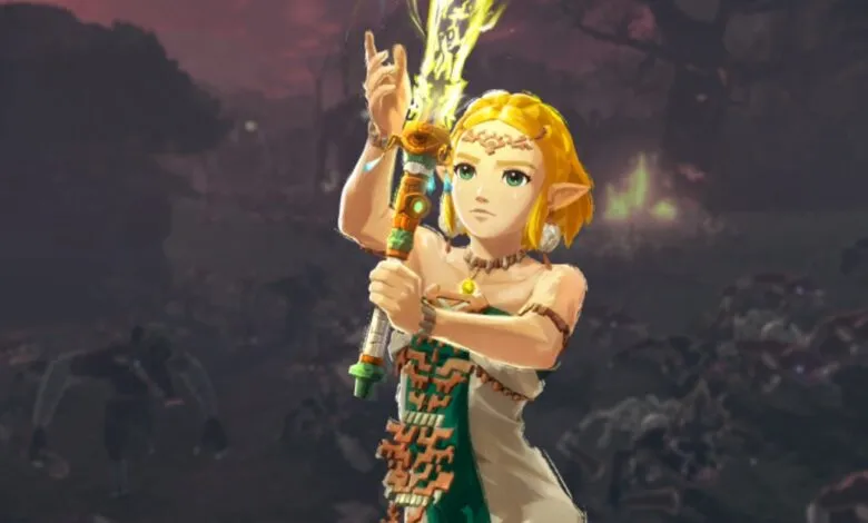 Princess Zelda holding a glowing ancient weapon, facing enemies in a dark, mystical landscape.