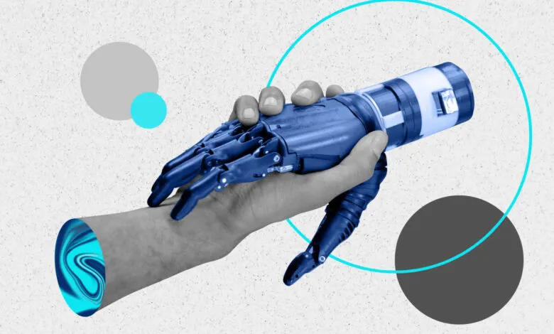 A human hand shakes a robotic hand, symbolizing AI integration.