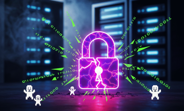 A glowing purple padlock with cracks, surrounded by green binary code and pixelated figures, with server racks in the background.