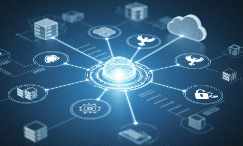 Abstract digital network with glowing central sphere and connected icons.