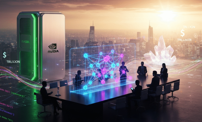 Business meeting with holographic AI network display and NVIDIA server.