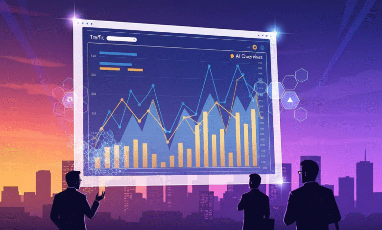 Silhouettes of businessmen observing a large digital screen displaying AI-driven traffic data and charts.