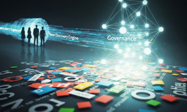 Silhouettes of people standing before a glowing tunnel labeled 'New Discovery Engine' with a network graph labeled 'Governance' above scattered colorful tiles.