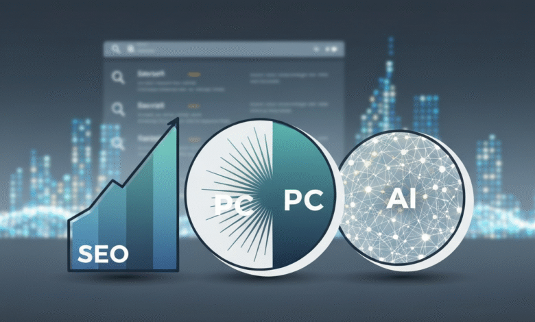 SEO, PPC, and AI icons representing digital marketing strategies.