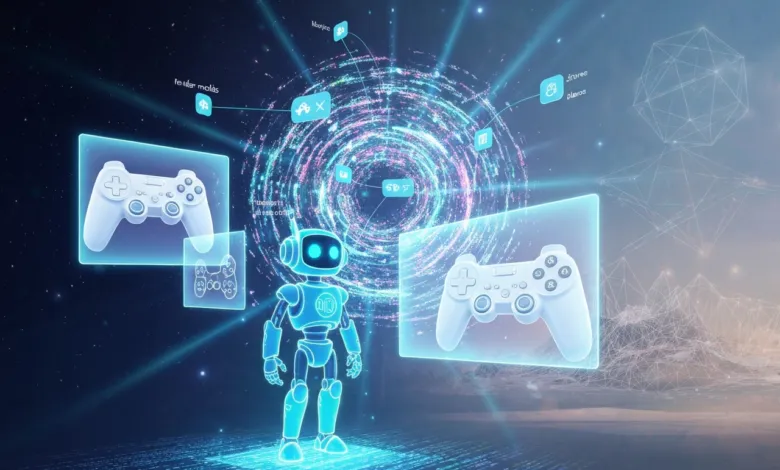 Blue robot stands amidst floating game controllers and data streams.