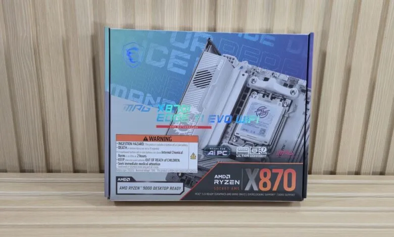 MSI MPG X870 EDGE WIFI motherboard box with AMD Ryzen branding