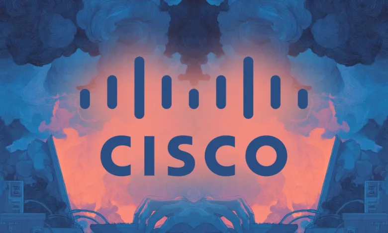 Cisco logo with abstract blue and orange clouds and hands typing on a keyboard.
