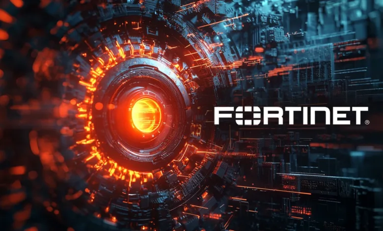 Fortinet logo superimposed on a futuristic, glowing digital network.