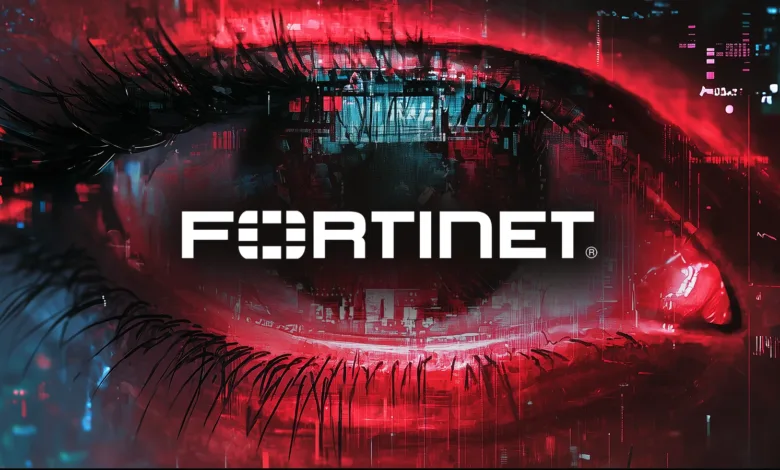 Fortinet logo superimposed over a stylized human eye with a digital cityscape background.