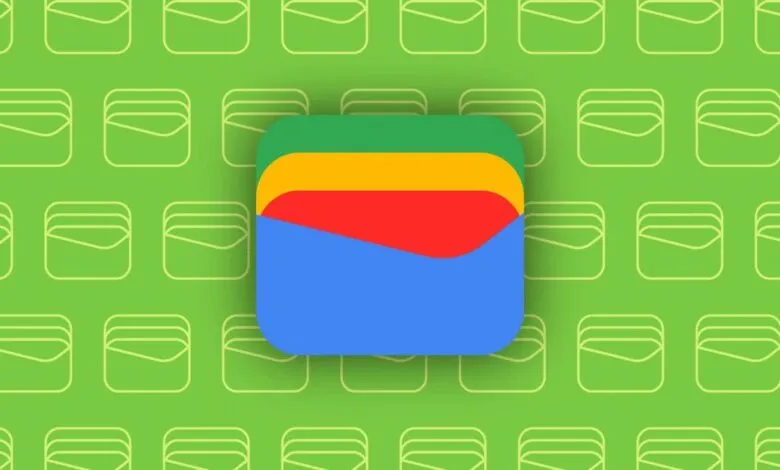 Google Wallet logo with a green background pattern of wallet icons.