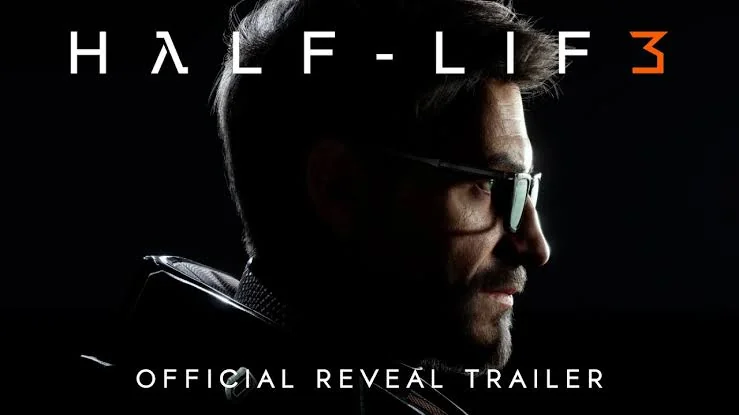 Close-up profile of Gordon Freeman with glasses, text 'Half-Life 3' and 'Official Reveal Trailer'.