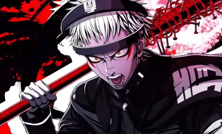 Anime character with white hair, yellow eyes, and red markings, holding a spiked baseball bat.
