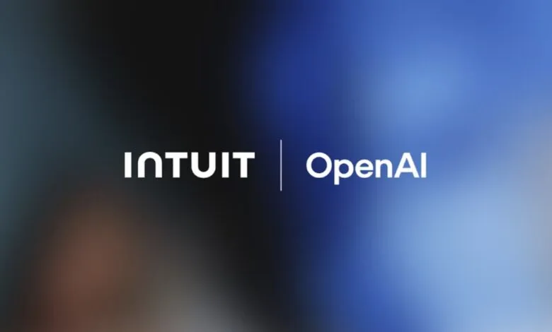 The logos of Intuit and OpenAI are displayed side-by-side on a gradient background.