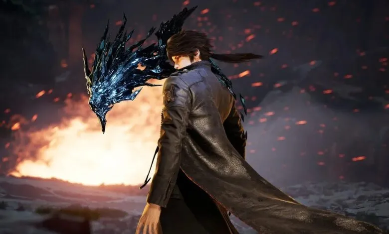 A man in a dark leather coat with a dark, spiky creature emerging from his back, set against a fiery background.
