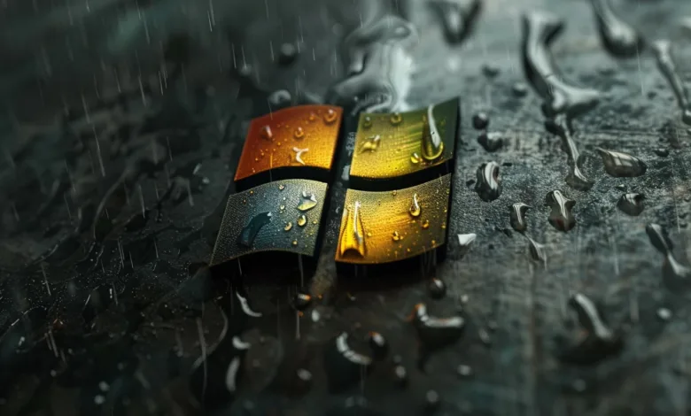 The Windows logo with water droplets and rain falling.