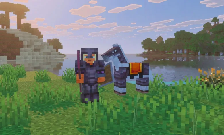 Minecraft character in armor with horse near lake at sunset.