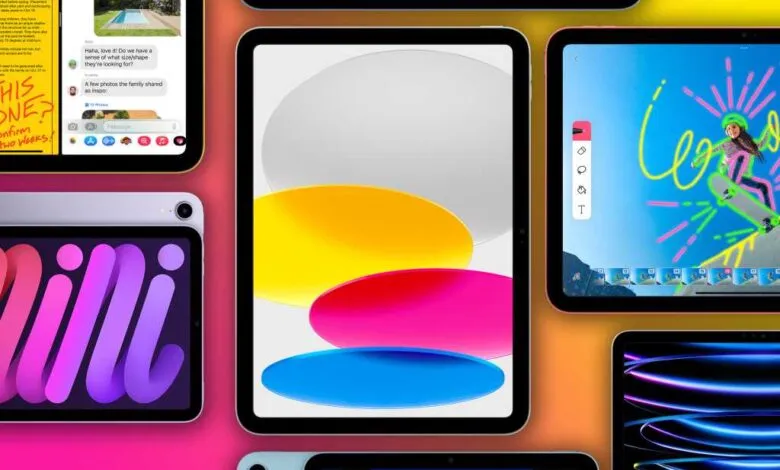 Several iPads showing different screens and colors on a pink background.
