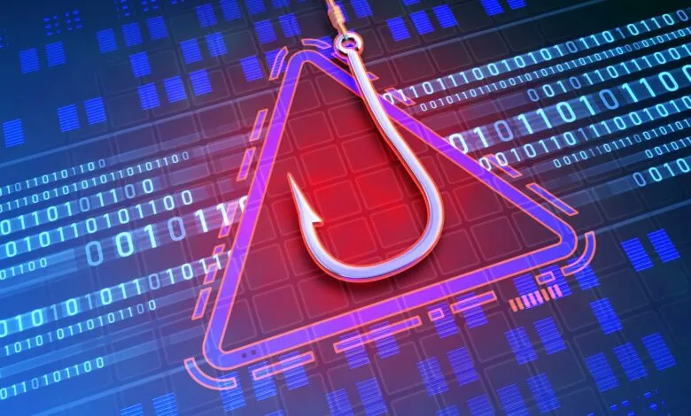 A metallic fishing hook hovers over a red warning triangle with binary code in the background.
