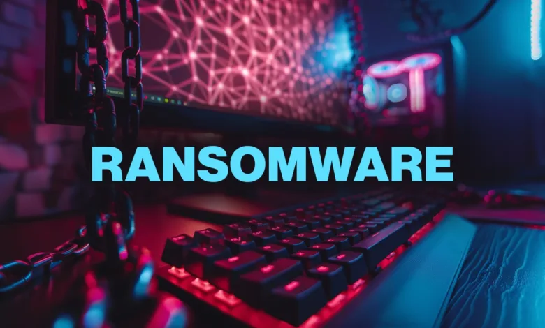 A computer keyboard with red backlighting and the word RANSOMWARE displayed in large blue text.