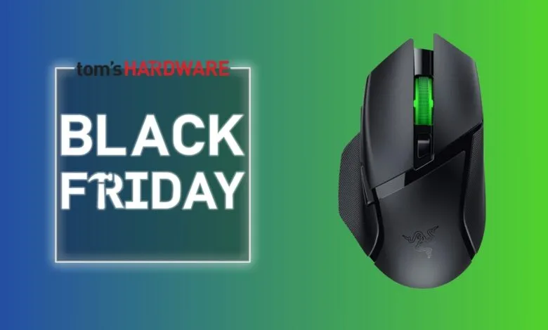 Black Razer mouse on a green and blue Black Friday sale background.