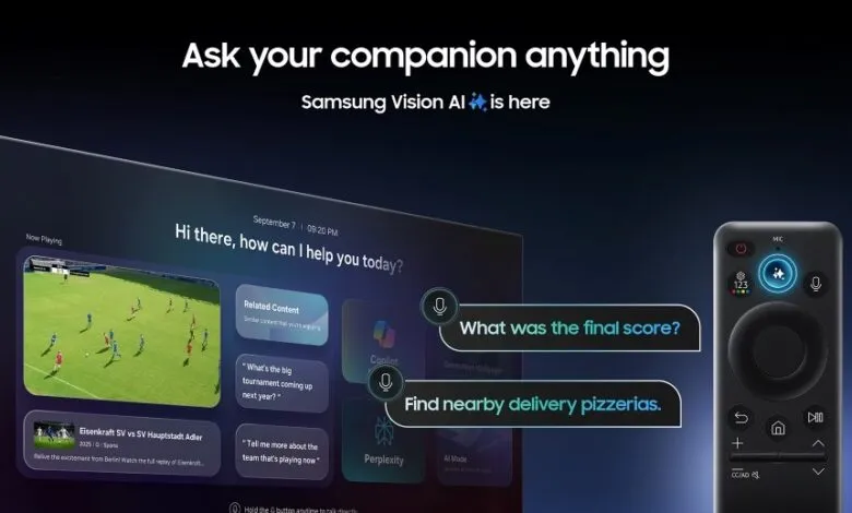 Samsung TV screen displaying AI assistant interface with voice commands and a remote control.