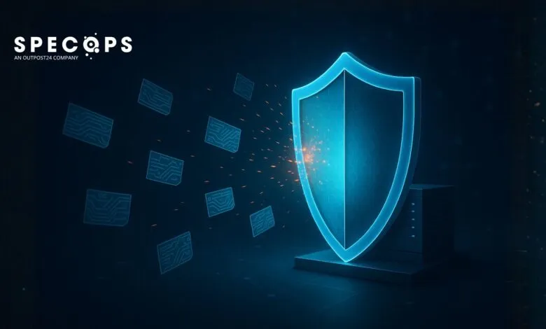 Digital shield protecting against incoming data threats, with the Specops logo.