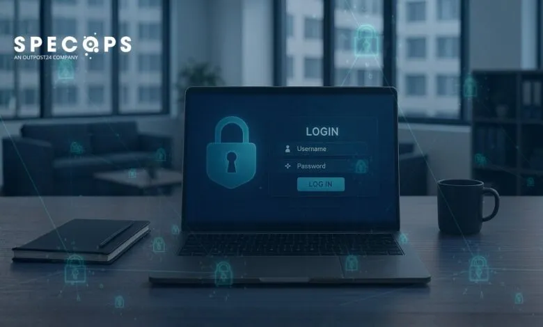Laptop displaying a secure login screen with a padlock icon and network security graphics.