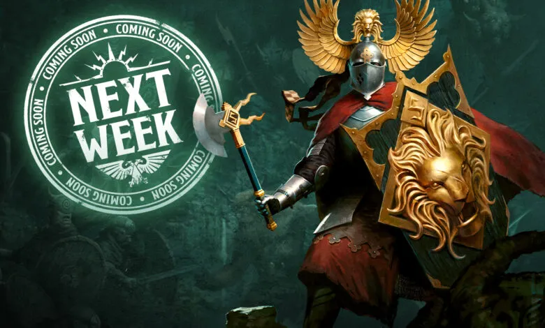 Knight in armor with lion shield and axe, 'Next Week' announcement.
