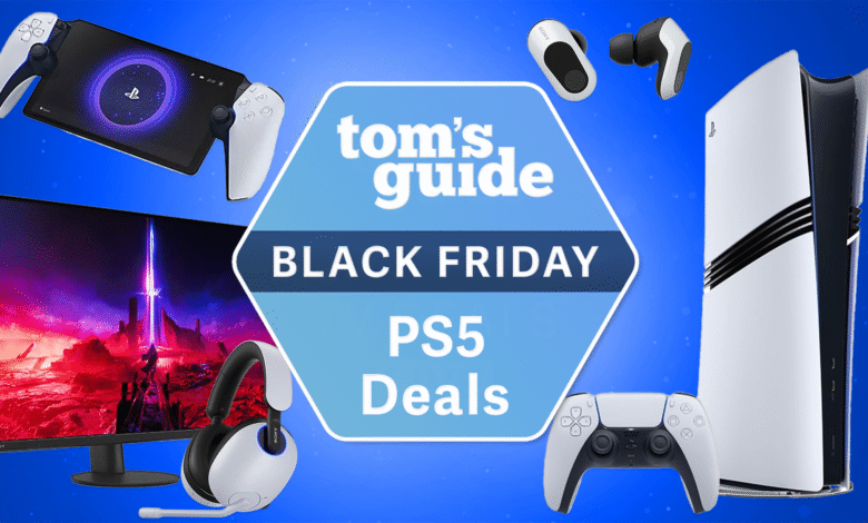 Tom's Guide Black Friday PS5 deals featuring console, controllers, headset, earbuds, and monitor.