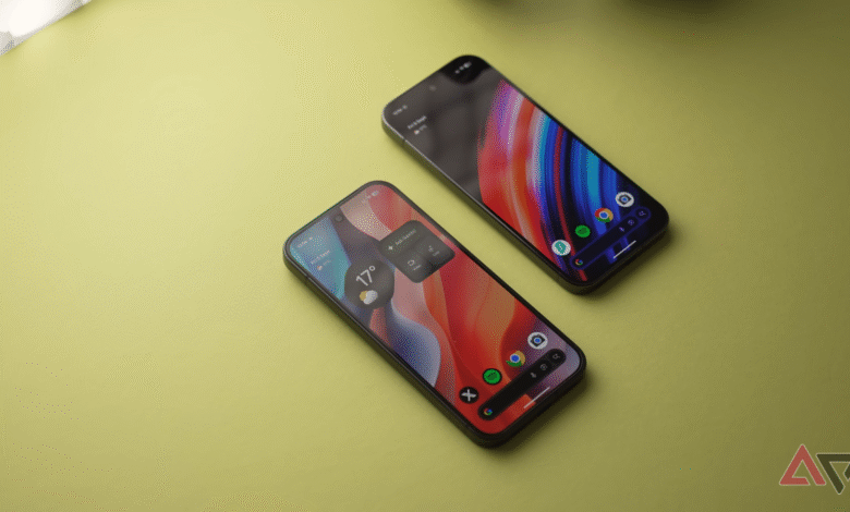 Two smartphones displaying colorful wallpapers and app icons on a light green surface.