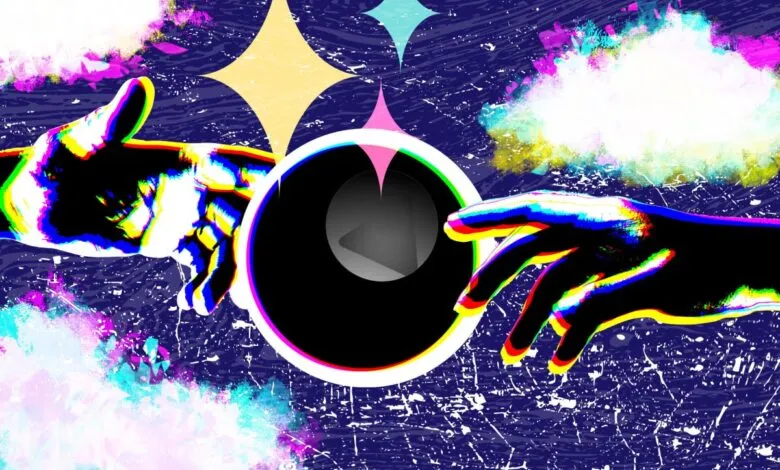 Two hands reaching towards a central black circle, surrounded by colorful clouds and stars.