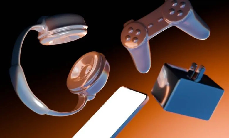 Floating tech gadgets: headphones, game controller, phone, and charger.