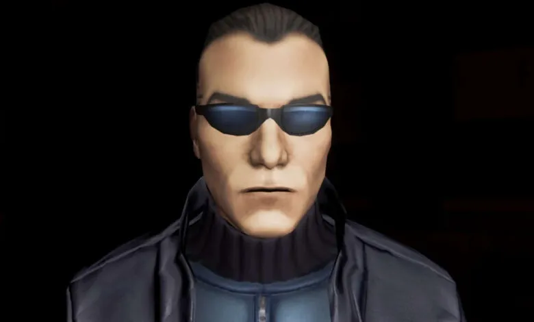 Character with sunglasses and dark jacket against a black background.